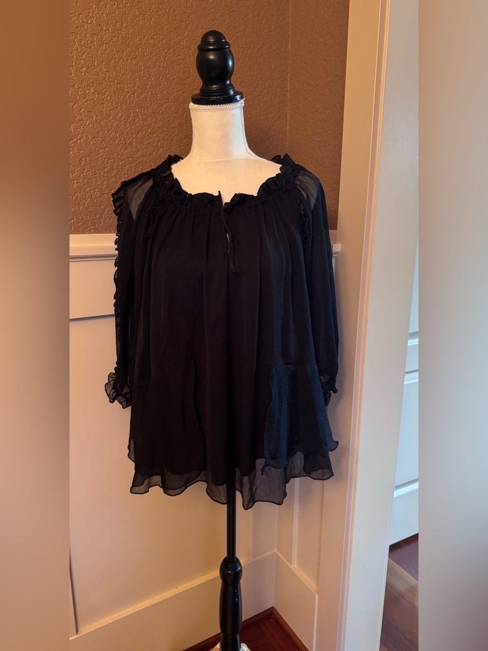 Tramp Black Sheer Ruffle Peasant off shoulder Blouse